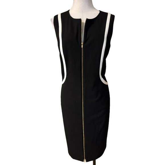 Calvin Klein Sheath Dress 14 Black White Piping Front Zip Sleeveless Career - Picture 6 of 15